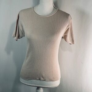 Louben 100% Silk Ribbed Short Sleeve Sweater Beige Crew Neck Petite Large PL